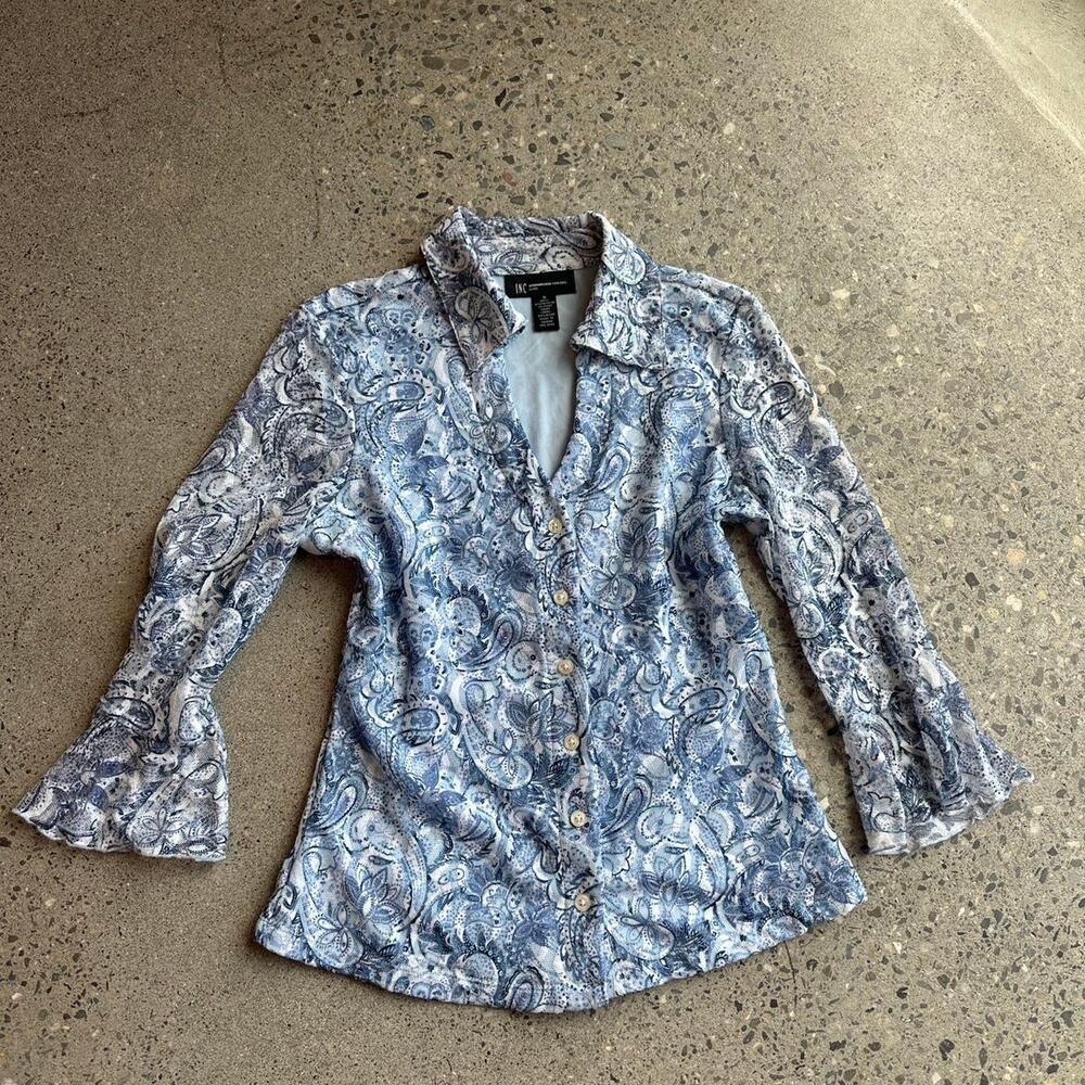 INC International Concepts Women’s Small Blue Paisley Button Up Blouse Y2k